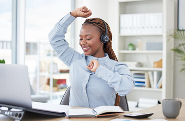 Woman, laptop and headphones for dancing in office, smile and happy with audio streaming...
