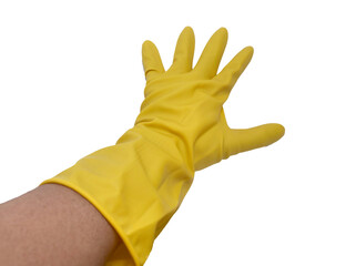Person hand wearing yellow rubber glove, reaching spreading fingers, cut out isolated