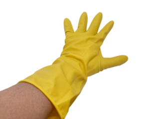 Person hand wearing yellow rubber glove, reaching spreading fingers, cut out isolated