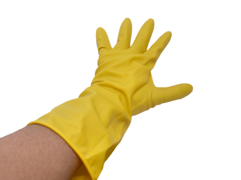 Person hand wearing yellow rubber glove, reaching spreading fingers, cut out isolated