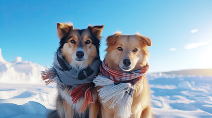 two dogs are wearing scarf in the snow
