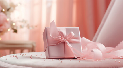 Pink gift box on blurred bokeh background