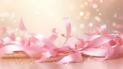 Confetti of golden and pastel pink ribbons on a golden bokeh background. Valentine's day backdrop