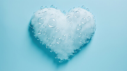 Soap foam in the shape of a heart on a blue background