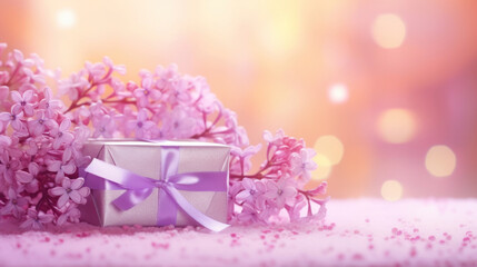 Gift box with lilac flowers on pink table and bokeh background