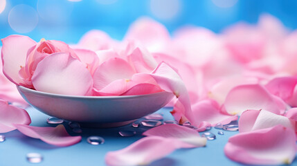 Pink roses petals on a blue bokeh background.
