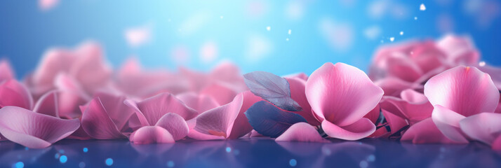 Fototapeta na wymiar Pink roses petals on a blue bokeh background.