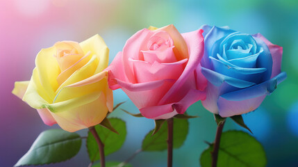 Rainbow roses petals on a colorful bokeh background.