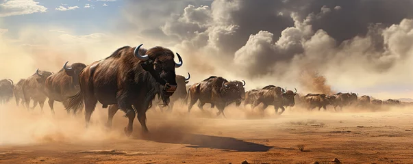Papier Peint photo Lavable Buffle Horde of angry buffalos running to camera. cloud of dust everywhere.
