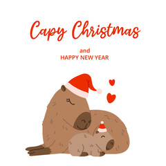Winter square festive card on white background. Capybara, baby capybara, red hat and text Capy Christmas. Hand drawn flat vector style. Holiday seasonal decoration.