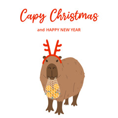 Winter square festive card on white background. Capybara, deer horn accessory, string bag of tangerines and text Capy Christmas. Hand drawn flat vector style. Holiday seasonal decoration.
