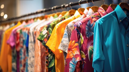 Multi-colored bright clothes in a clothing store. Modern fashion. Clothing trade.