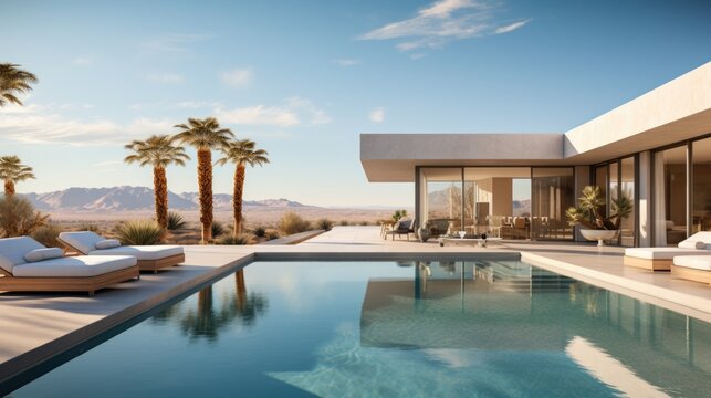 White villa with swimming pool, palms, breathtaking view for dessert dunes. Private property