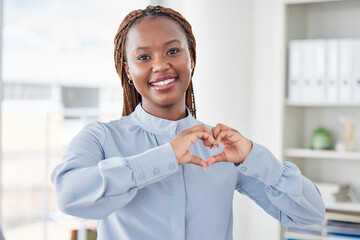 Business, heart hands or portrait of black woman with love emoji for care, kindness or like review in office. Smile, happy or African worker with shape for thank you or sign of hope, support or peace - obrazy, fototapety, plakaty