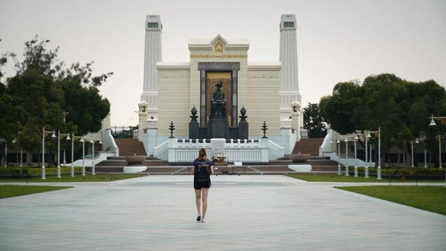 Young Lady Visiting The King Rama I Monument At Silpakorn University In Bangkok Thailand; Travel and Tourism.