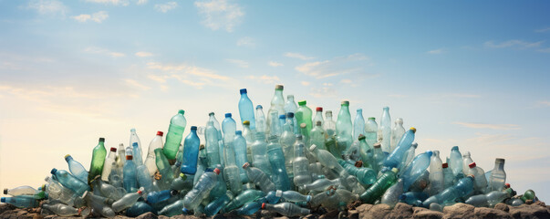 Plastic pollution or waste. Pile of empty used plastic bottles in exterior. - obrazy, fototapety, plakaty