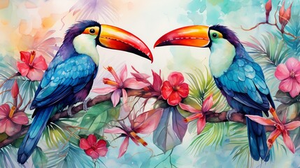 Tropical Paradise: Lush Palm Leaves, Exotic Flowers, and Colorful Toucans in Vibrant Watercolor Pastel.