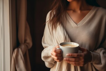 A mug of hot tea in the woman hands. Cozy winter day