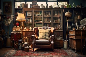 Vintage study room with leather armchair and antique decor. Classic interior design.