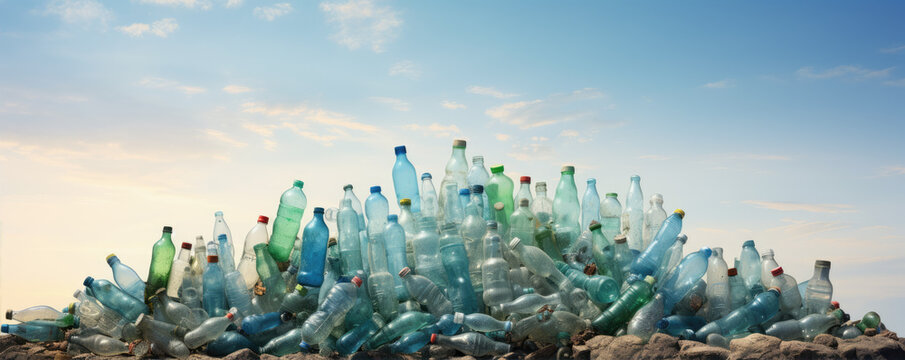 Plastic pollution or waste. Pile of empty used plastic bottles in exterior.