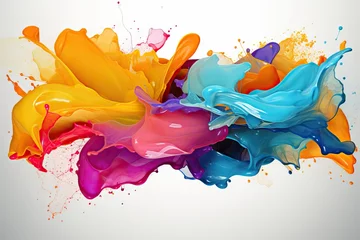 Poster Im Rahmen background white isolated shape abstract splashes Colored splash paint liquid colourful blue colours red dripped motion yellow green art artistic ink wave © akkash jpg