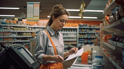 Female Employee Calculates bill for Customer