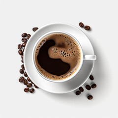 Hot freshly made cup of black coffee in a white cup and saucer with silver spoon and coffee beans isolated against a white background