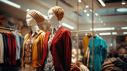 Fototapeta premium Fashionable clothes on a mannequin in a clothing store. Modern fashion. Clothes sale.