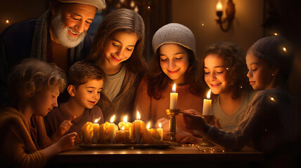 Happy Family Gathering Around Table, Lighting Hanukkah Candles Together