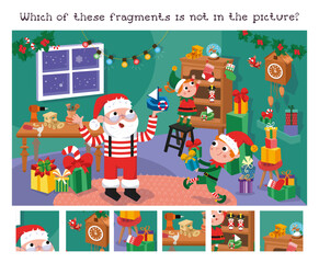 Naklejka premium Find fragments in the picture. Educational puzzle game for children. Cute Santa and Elves making gifts for children. Christmas workshop. Winter Christmas holidays. Vector illustration.