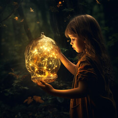 cute girl Vector Christmas background with gold serpentines, glitter, confetty and cristmas balls on a dark background.