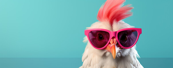 Chicken hen in funnz sunglasses on color background. copy space for text. - obrazy, fototapety, plakaty