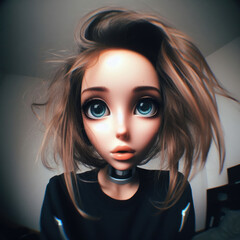 Fototapeta premium young android woman with messy hair taking selfie with fisheye lens
