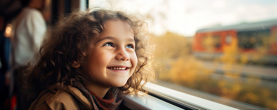 Little girll in train lookin from window at nature land. Children travel in train concept.