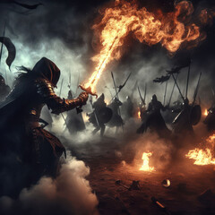 knight in armor fighting with a flaming sword in a medieval battle - 688444985