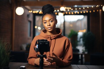 a young female social media influencer or video and photo media content creator sitting in front of the microphone and a camera in a homemade studio preparing a podcast or editing a video material - obrazy, fototapety, plakaty