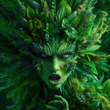 illustration on a furious nature goddess, elemental or sprite in a lush jungle