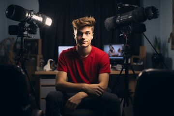 a young male social media influencer or video and photo media content creator sitting in front of the microphone and a camera in a homemade studio preparing a podcast or editing a video material