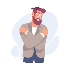 Bearded Man Character Hug Himself Taking Care and Show Importance of Oneself Vector Illustration