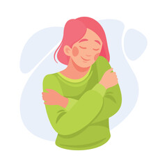 Woman Character with Pink Hair Hug Herself Taking Care and Show Importance of Oneself Vector Illustration
