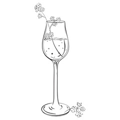Ink: A cluster of wildflowers in a glass, featuring forest forget-me-nots. A floral composition with a sparkling wine. A delicate illustration for cards coloring prints posters, and textile printing