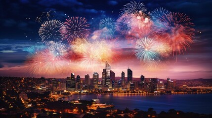 A festive New Year's Eve party with a dazzling display of fireworks lighting up the night sky over a city skyline - obrazy, fototapety, plakaty