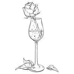 Ink: A composition for wedding invitations featuring a rose in a champagne glass. A delicate illustration suitable for cards, tattoos, coloring prints, posters and textile printing. Vector EPS 10
