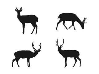 Set Of Black Deer Silhouettes. Collection of silhouettes of wild animals - the deer family. Set of wild deer silhouettes in flat style isolated on white background. Vector illustration.