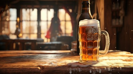 A frosty beer bottle and mug on a rustic pub table, with condensation beads trickling down the sides - obrazy, fototapety, plakaty