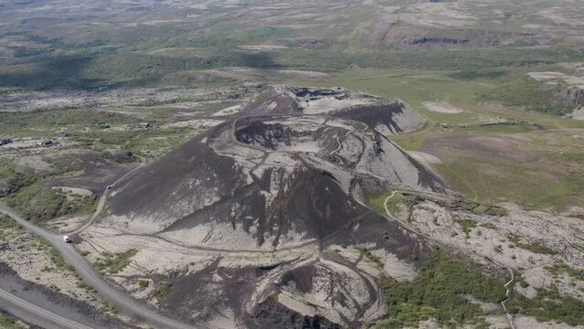 High aerial view of Grabrok Crater which is a dormant volcano near Bifrost Iceland