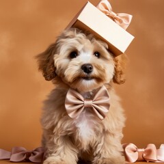 a small cute poodle dog smiling with a small present box with a gift on his head on beige colored...