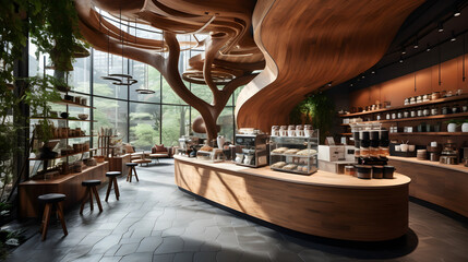 The interior of the coffee shop/cafe uses mainly wood, giving a feeling of nature and airiness. - obrazy, fototapety, plakaty