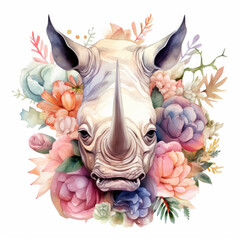 Safari Animal set Triceratops and flower Illustration, Generative Ai