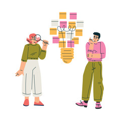 Finding Brilliant Idea with Man and Woman Character Standing with Lightbulb Vector Illustration
